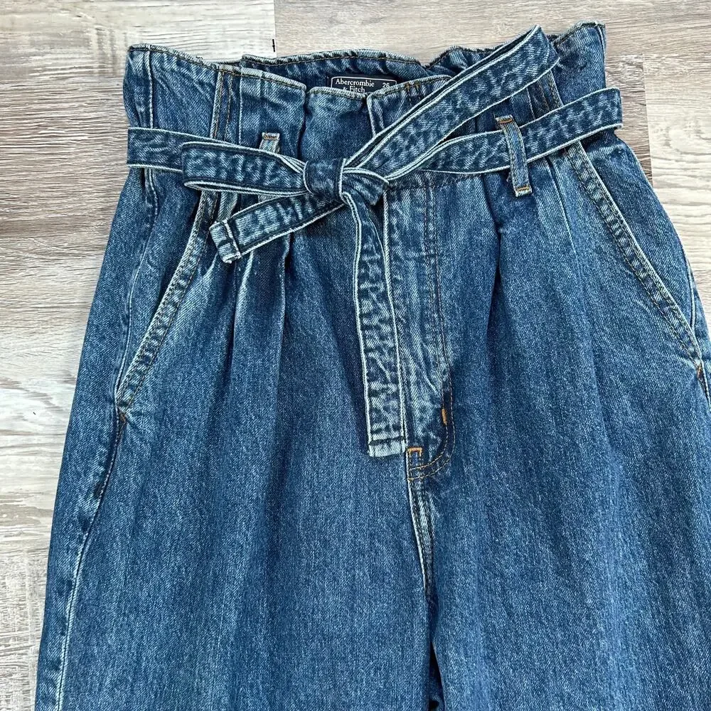 Abercrombie A&F Mom Jeans Dark Wash High Rise Belted Frayed Hem 26 2R